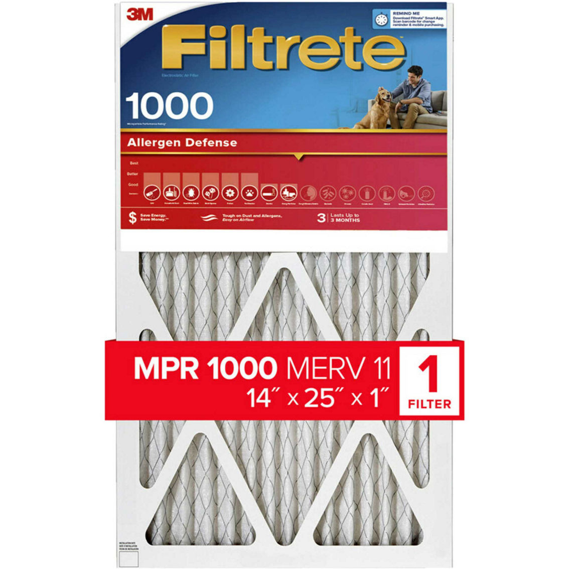 Filtrete Allergen Defense Air Filter 1000 MPR 14 x 25 x 1 in. 1 pk.