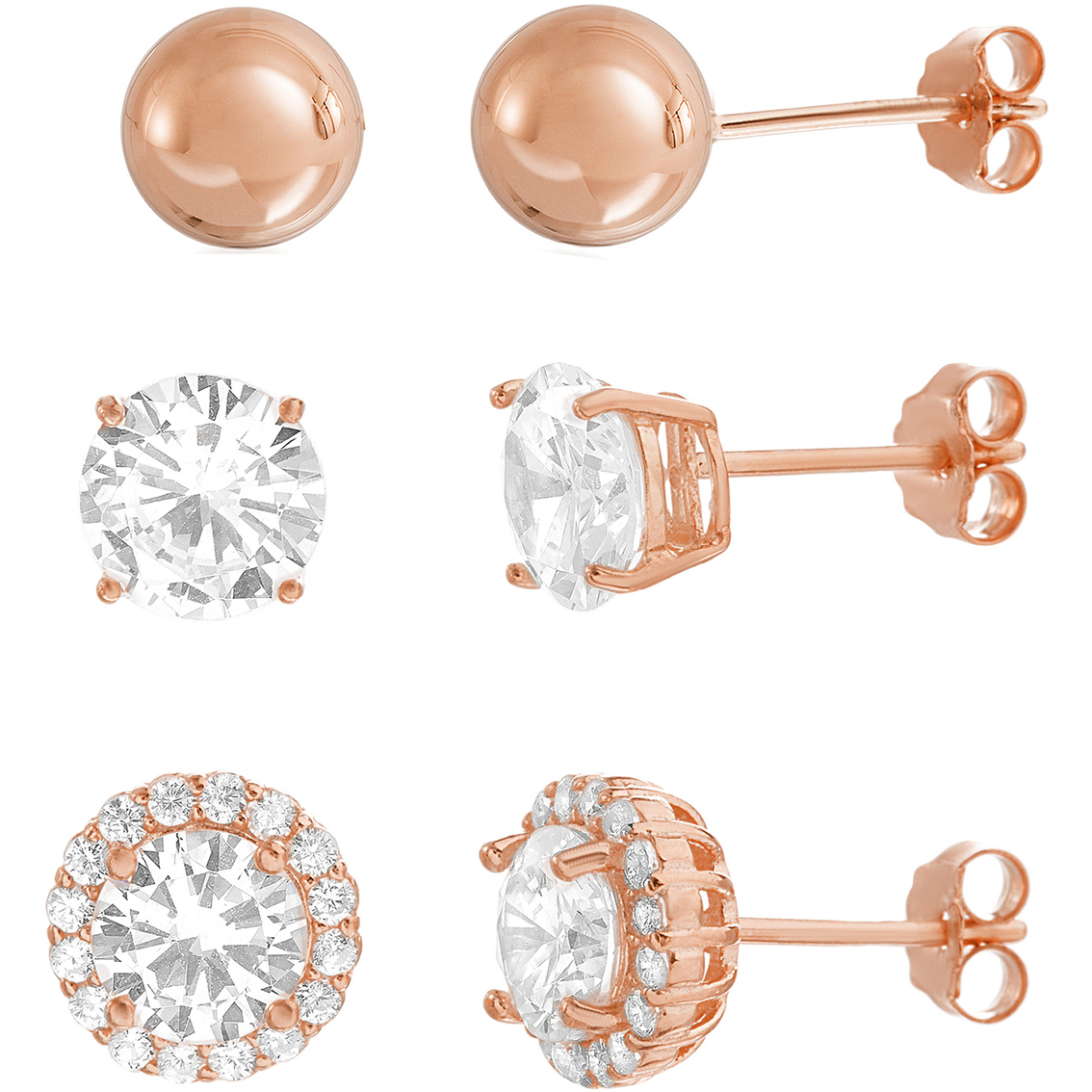 14K Rose Gold over Sterling Silver Cubic Zirconia Halo and Ball Earrings