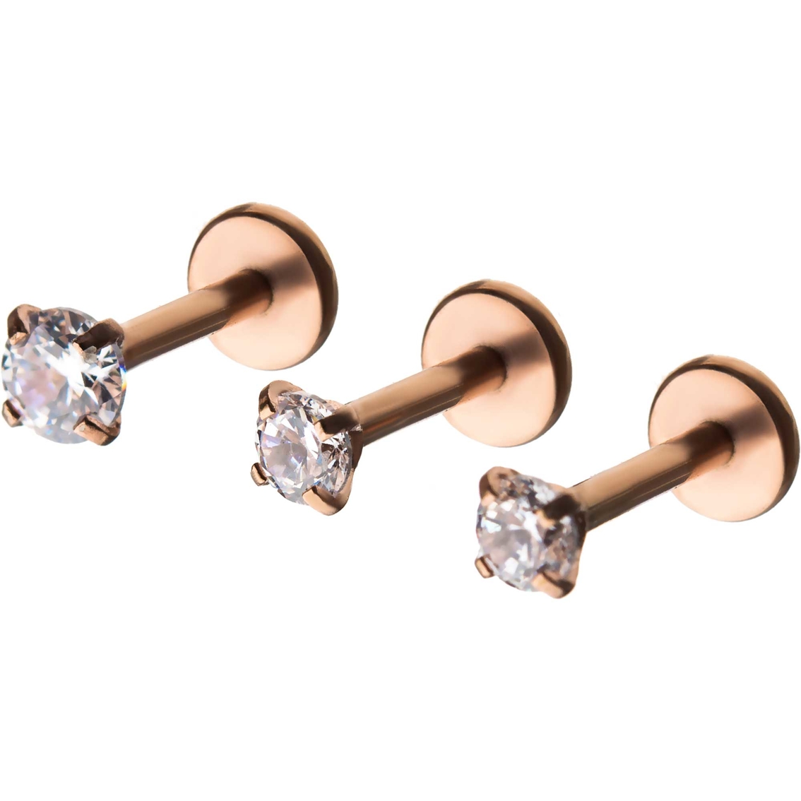 18G Stainless Steel  Rose Gold-Plated Cubic Zirconia Labret 3-pk