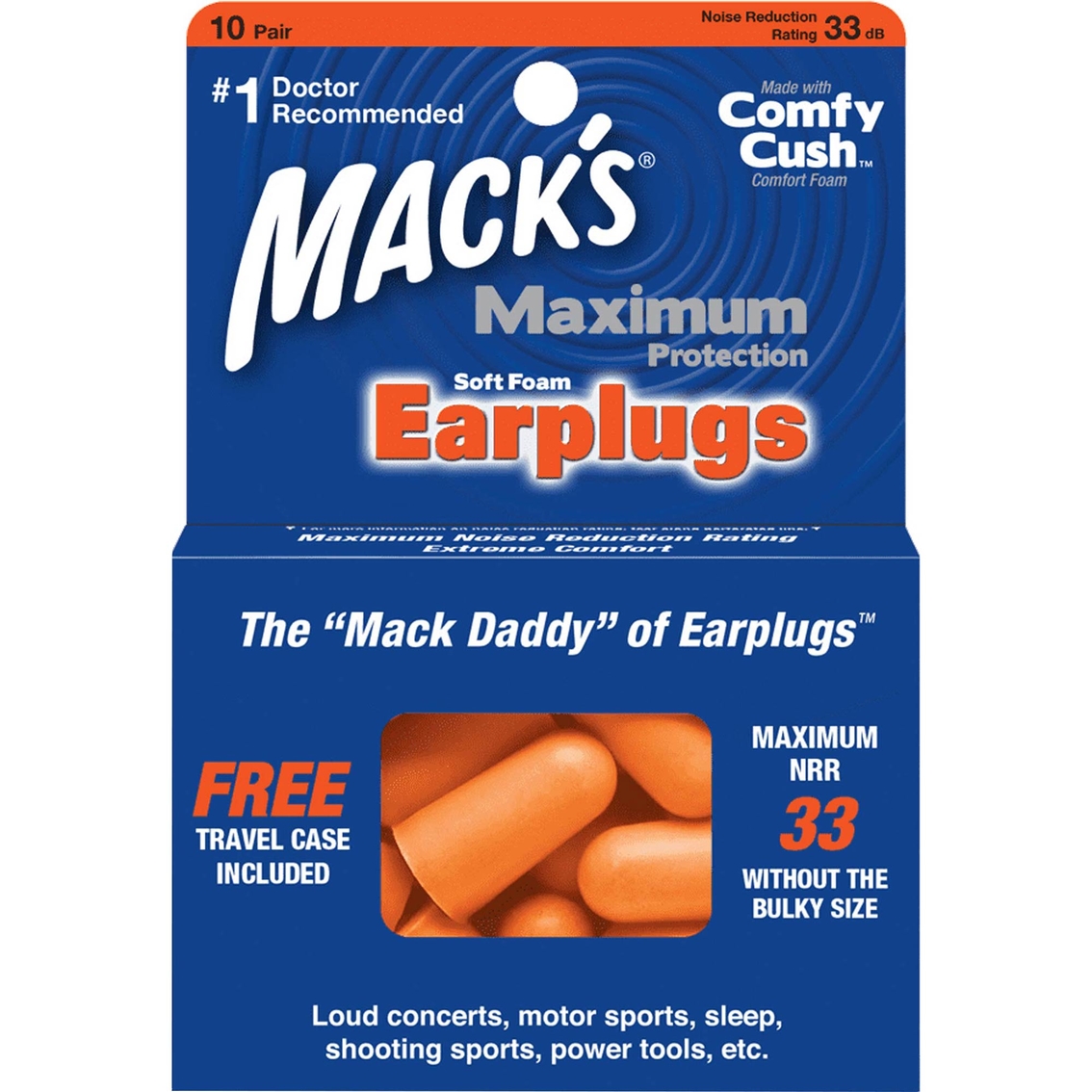 Macks Maximum Protection Ear Plugs 10-pair Box with Free Travel Case