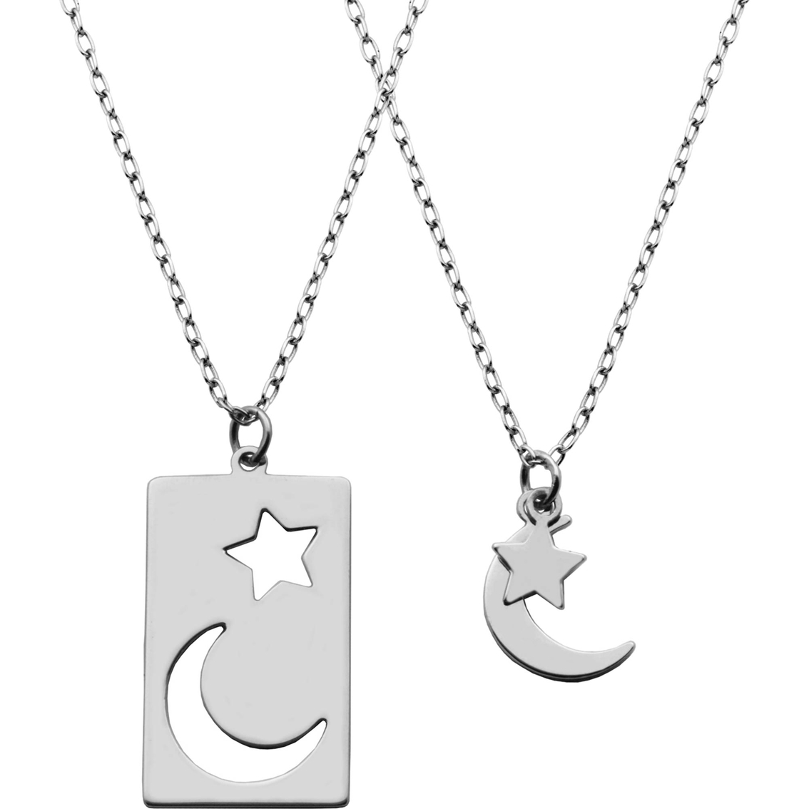 Rhodium Over Sterling Silver Star and Moon Pendant Necklace Set
