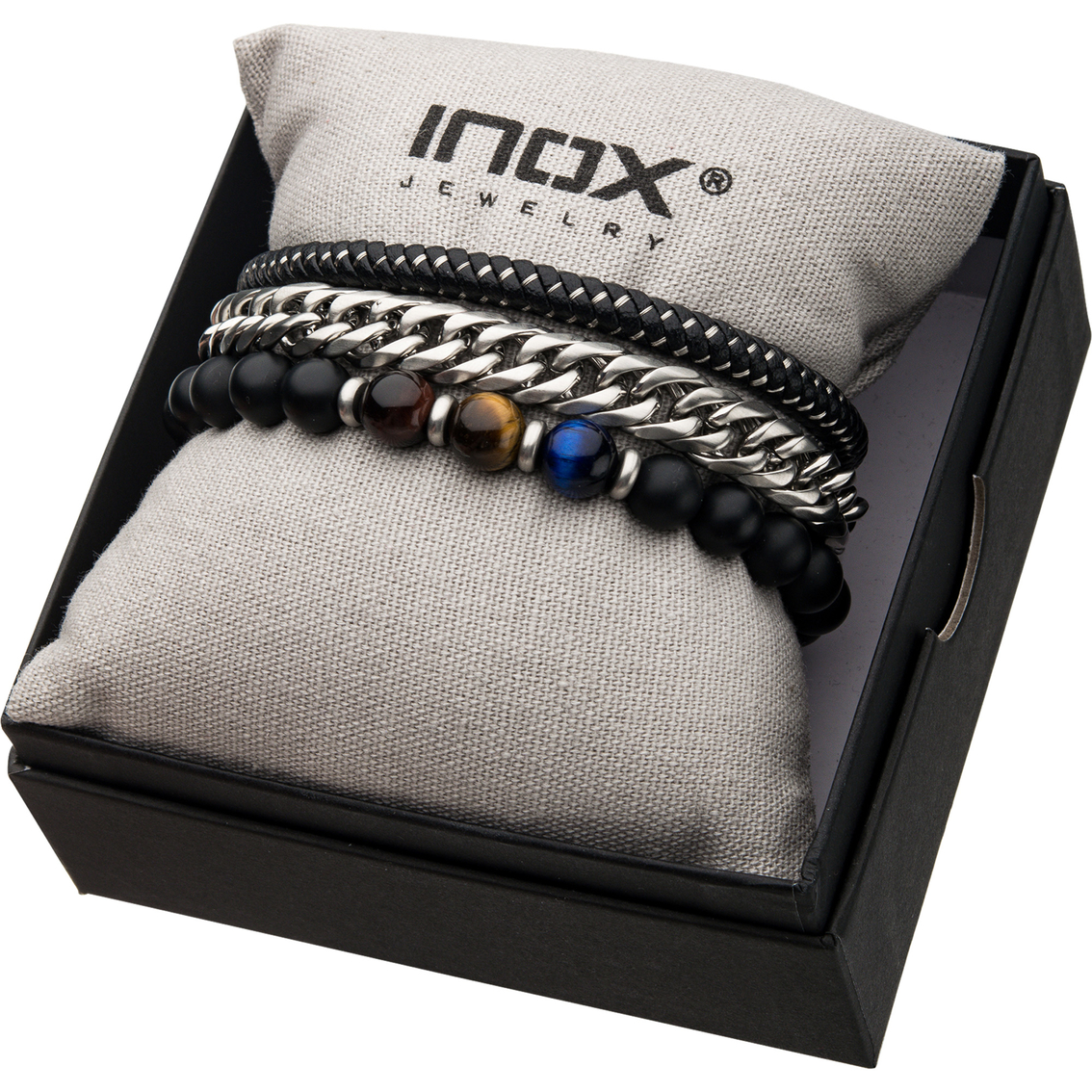 INOX Stainless Steel Multi Bead, Black Leather, Curb Bracelet Set - Image 2 of 2