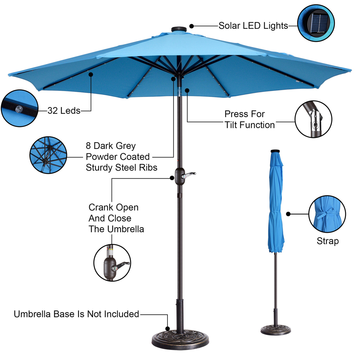Pure Garden 9 ft. Solar Powered LED Lighted Patio Umbrella with Push Button Tilt - Image 3 of 8