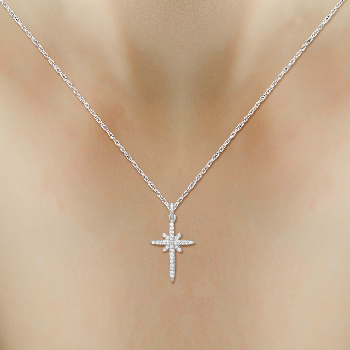 She Shines 10K White Gold 1/5 CTW Diamond Cross Pendant and Stud Earrings Set - Image 3 of 6