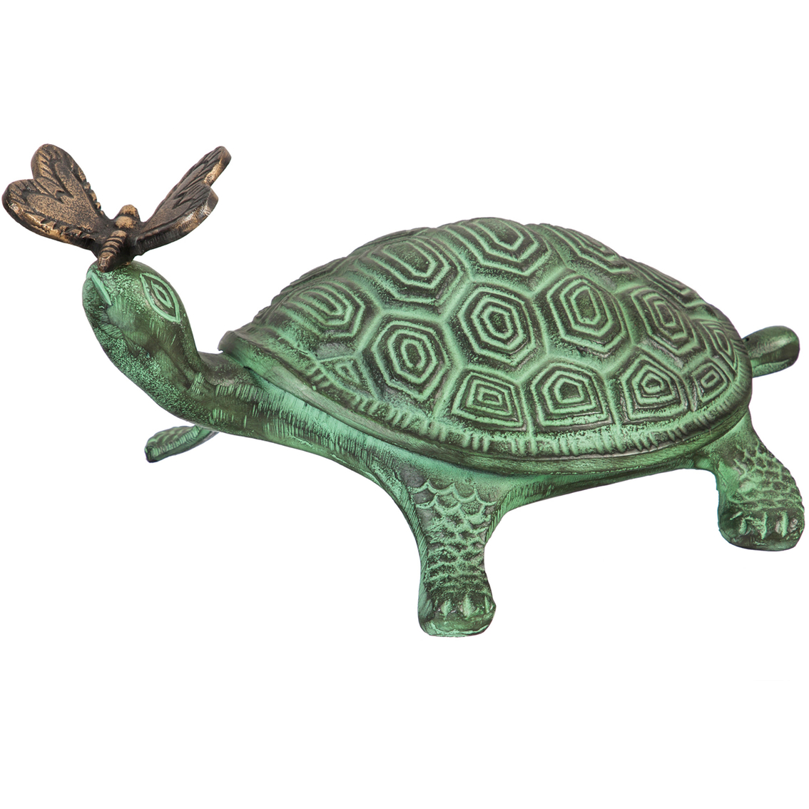 Evergreen Turtle and Butterfly Verdigris Metal Garden Statuary