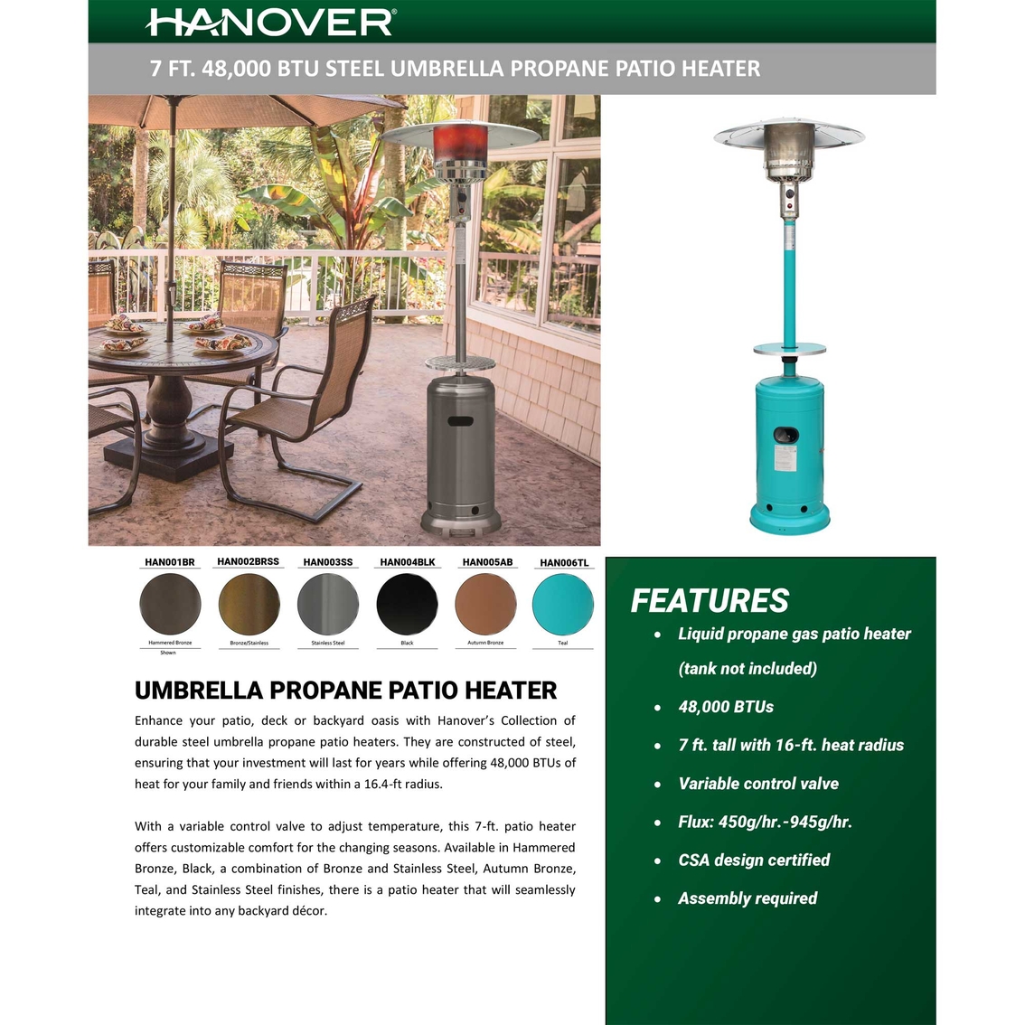 Hanover 7 ft. 41,000 BTU Steel Umbrella Propane Patio Heater - Image 7 of 8