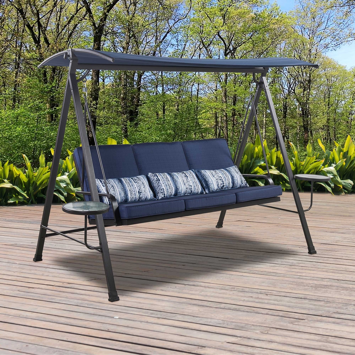 Home Creations 3-Person Cushioned Swing with Wicker Back and Two Side Tables - Image 2 of 2