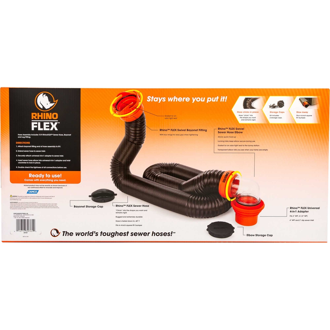 Camco RhinoFLEX 15 ft. Sewer Hose Kit with 4 in 1 Elbow Caps - Image 2 of 8