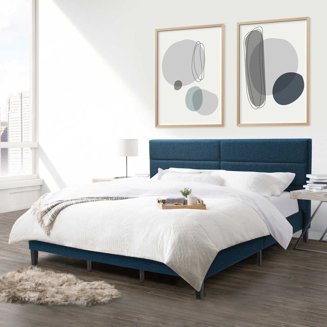 CorLiving BRH-202-Q Bellevue Ocean Blue Upholstered Panel Bed - Image 7 of 10