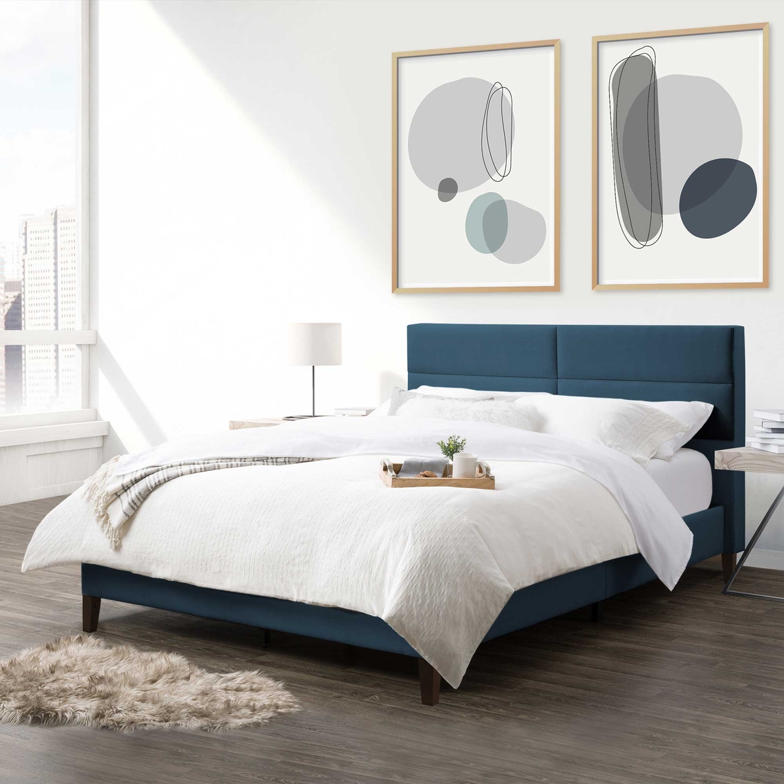 CorLiving BRH-202-Q Bellevue Ocean Blue Upholstered Panel Bed - Image 8 of 10