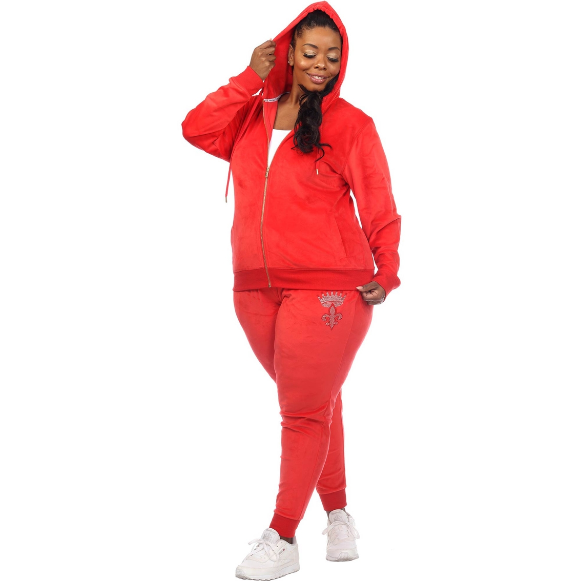 White Mark Plus Size Rhinestone Velour Tracksuit 2 pc. Set - Image 3 of 5