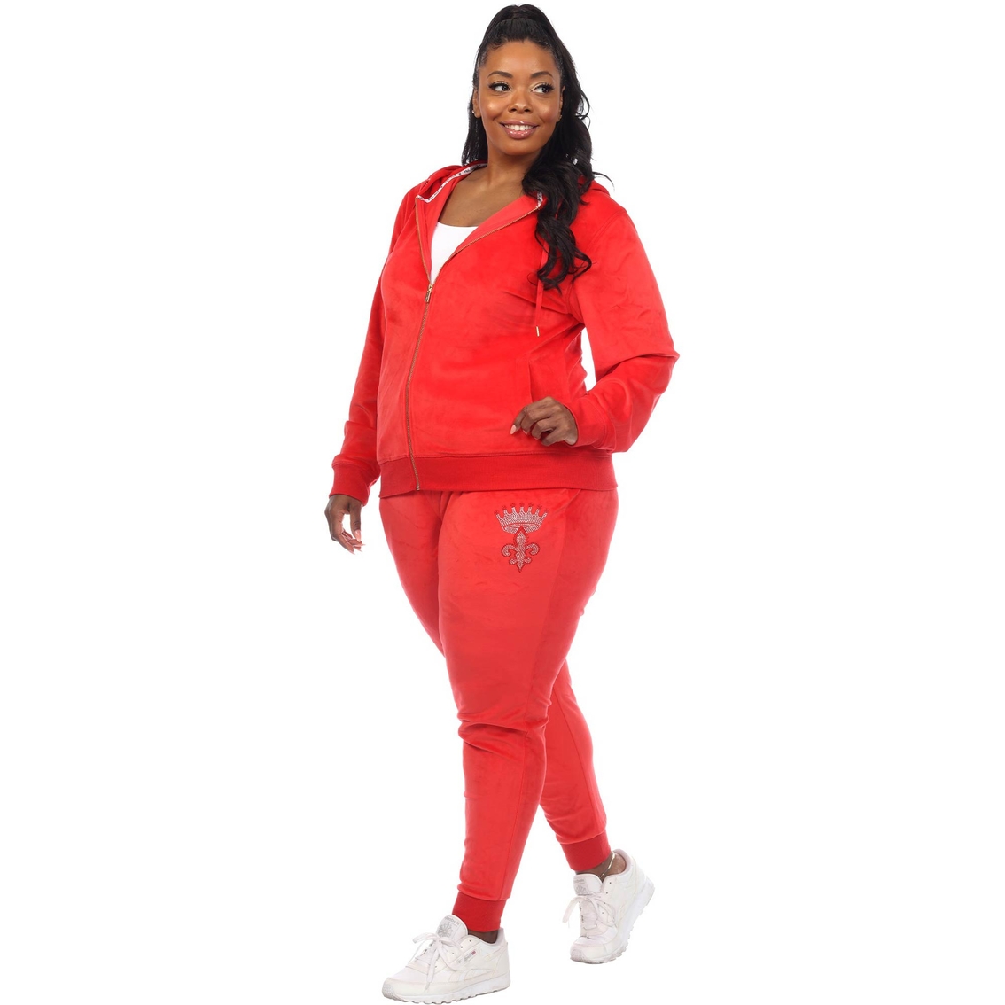 White Mark Plus Size Rhinestone Velour Tracksuit 2 pc. Set - Image 4 of 5