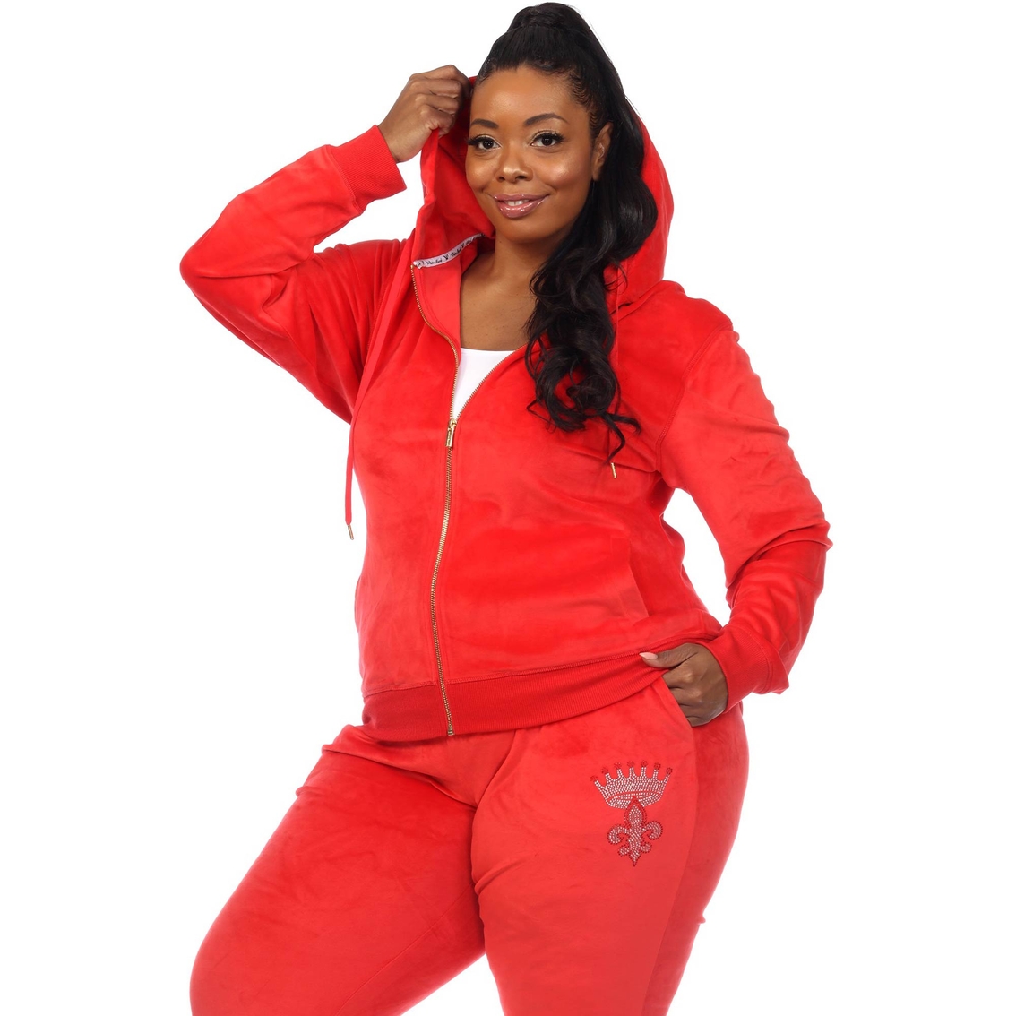 White Mark Plus Size Rhinestone Velour Tracksuit 2 pc. Set - Image 5 of 5