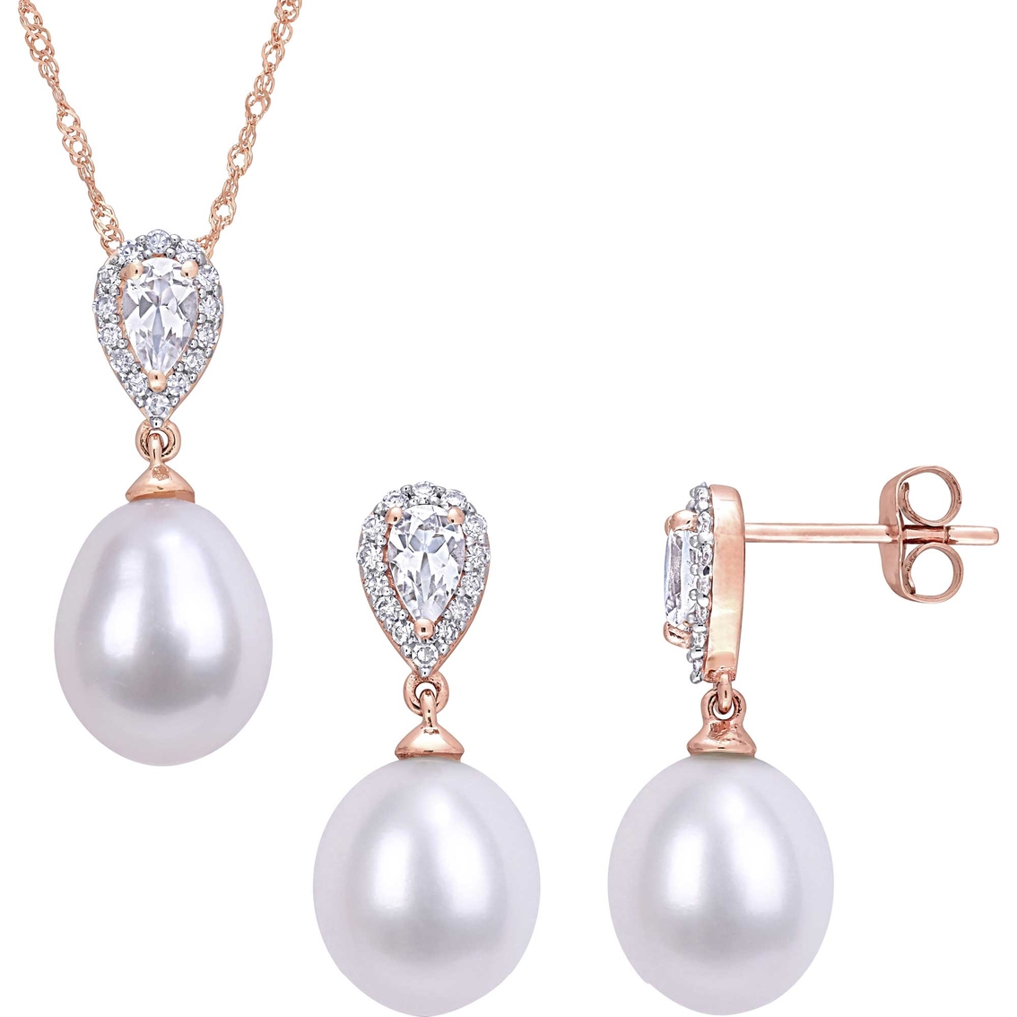 Sofia B. 10K Rose Gold Cultured Pearl White Topaz Diamond Earrings & Necklace - Image 1 of 3