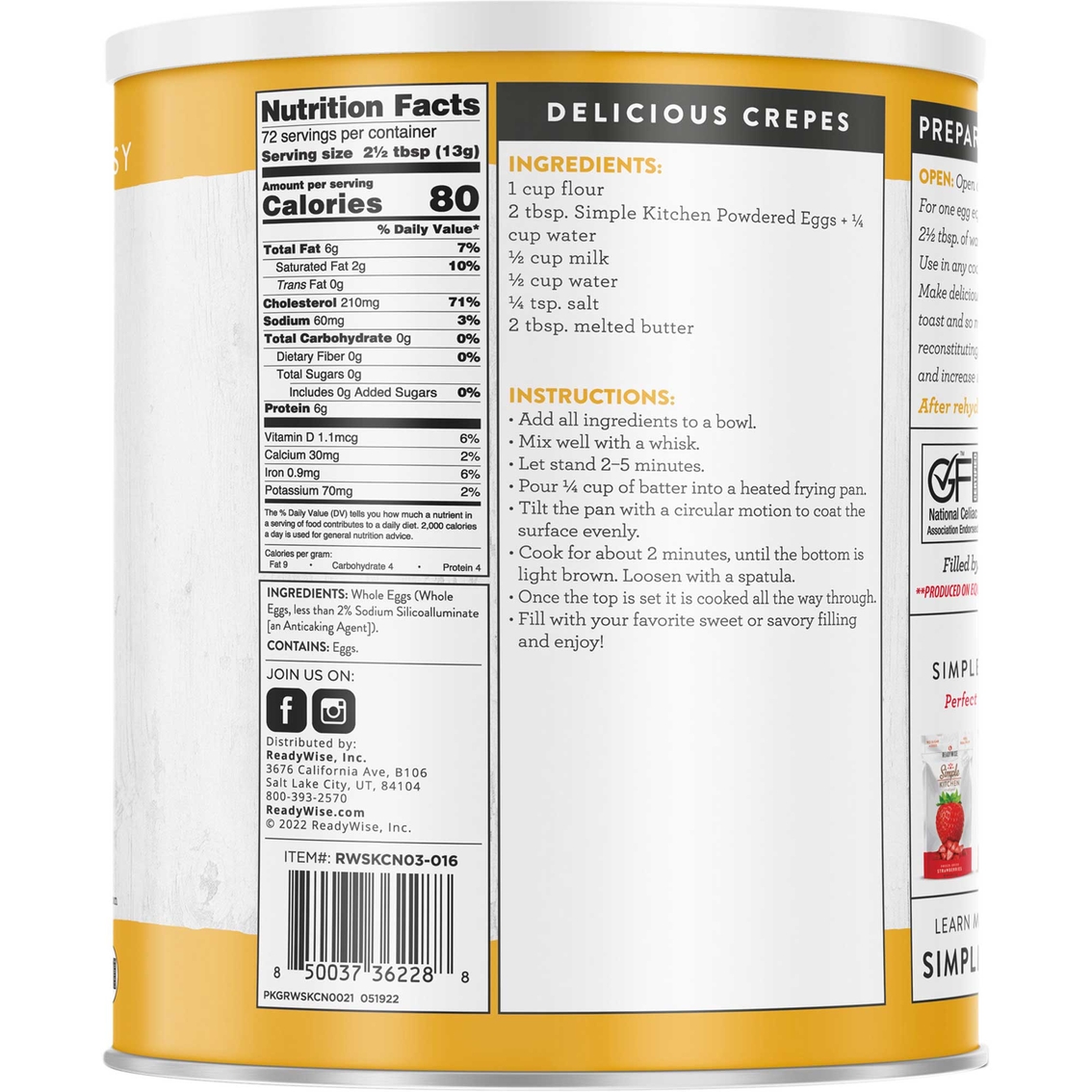 ReadyWise Simple Kitchen Powdered Eggs #10 Can, 72 servings - Image 2 of 2