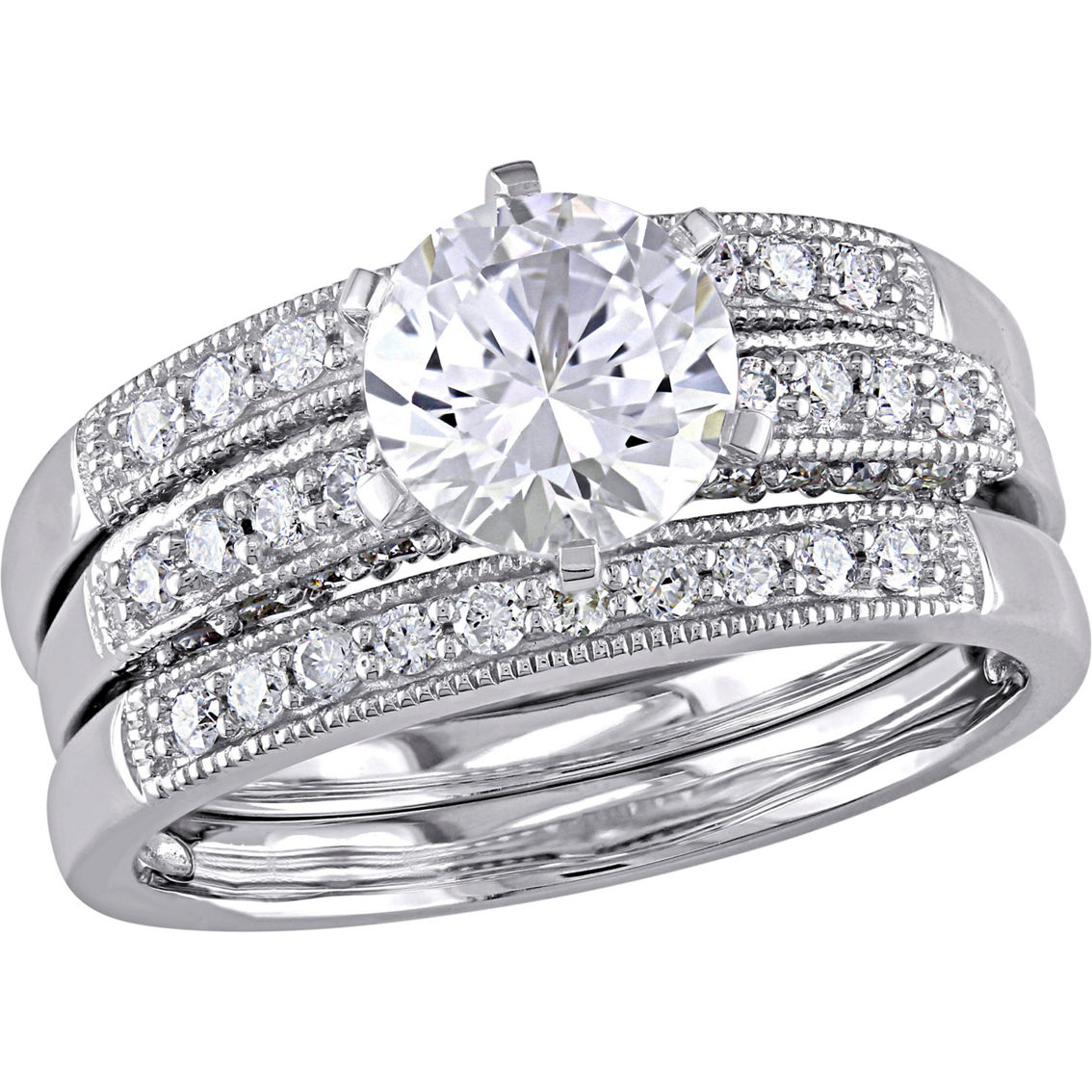 Sofia B. 10K White Gold Created White Sapphire and Diamond 3-Piece Bridal Ring Set