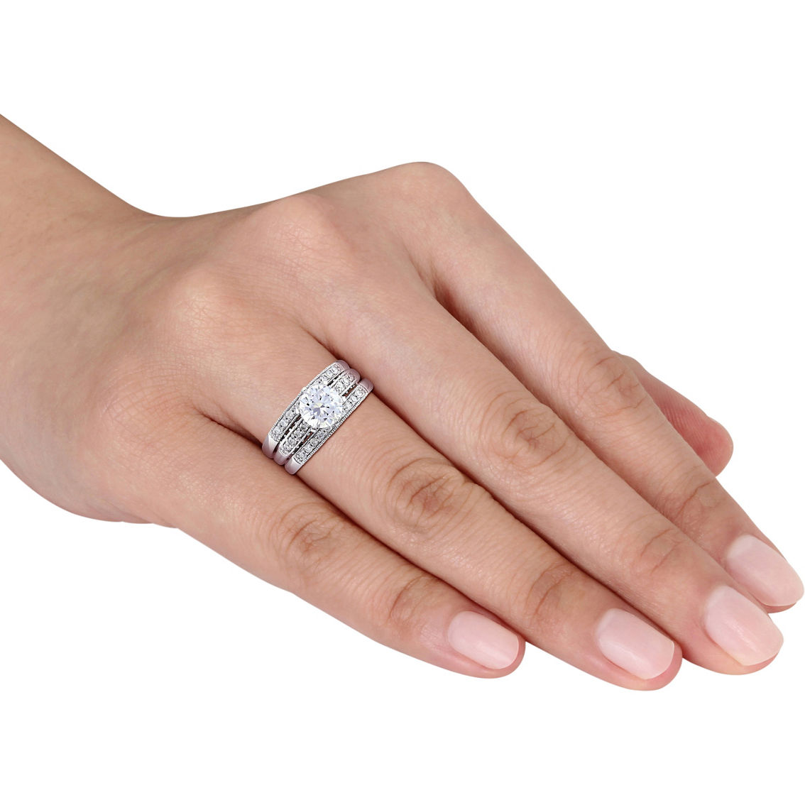 Sofia B. 10K White Gold Created White Sapphire and Diamond 3-Piece Bridal Ring Set - Image 5 of 5