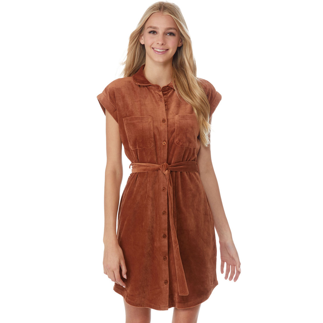 Almost Famous Juniors Flange Sleeve Corduroy Button Front Dress - Image 1 of 3