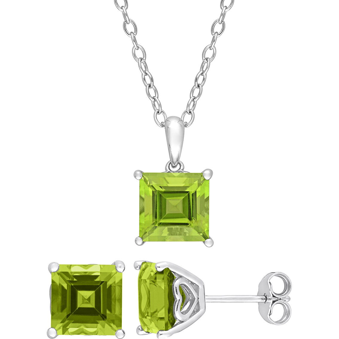 Sofia B. 2pc Set Princess Cut Peridot Solitaire Necklace & Earrings Sterling Silver