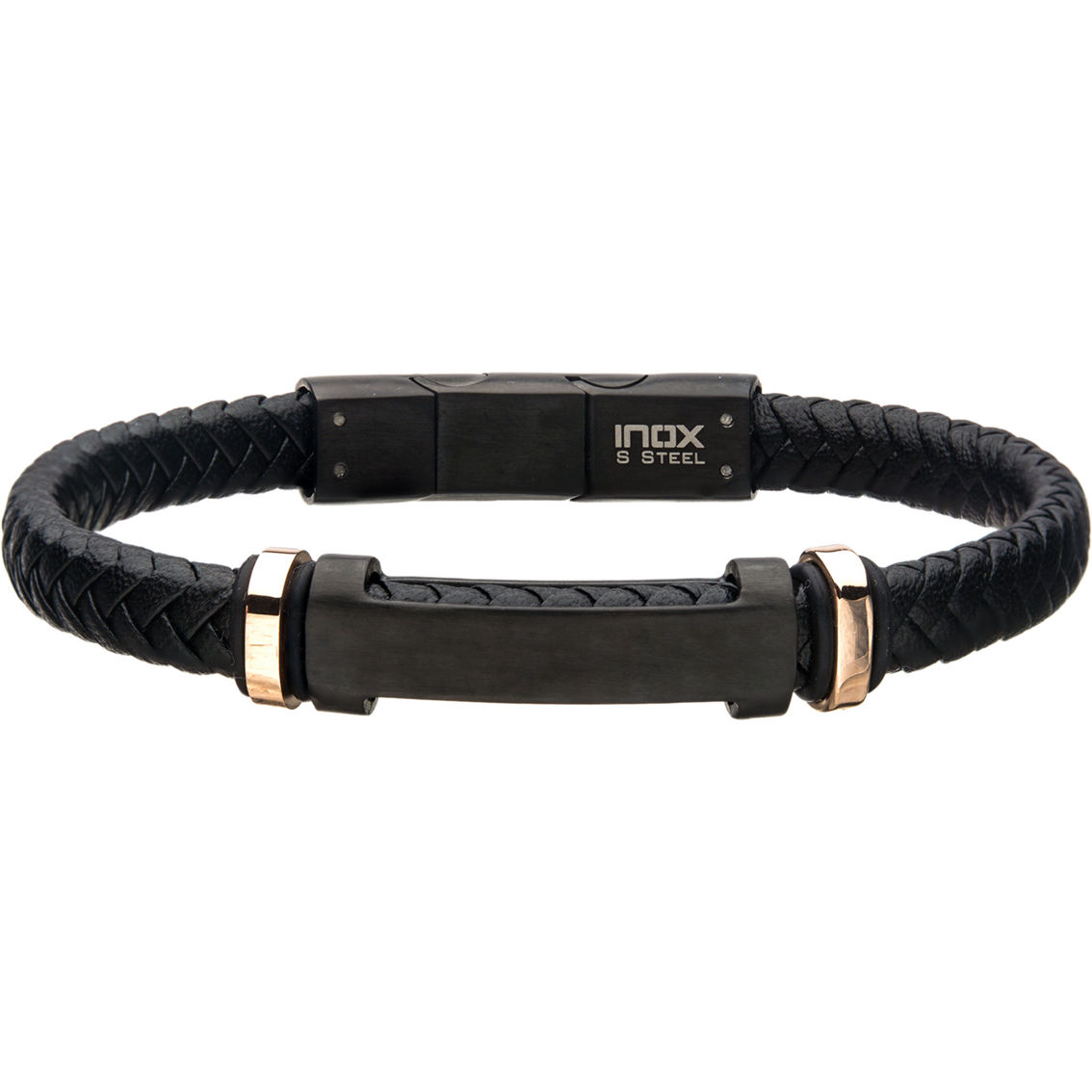 Inox Leather Black IP Engravable ID Bracelet - Image 1 of 2