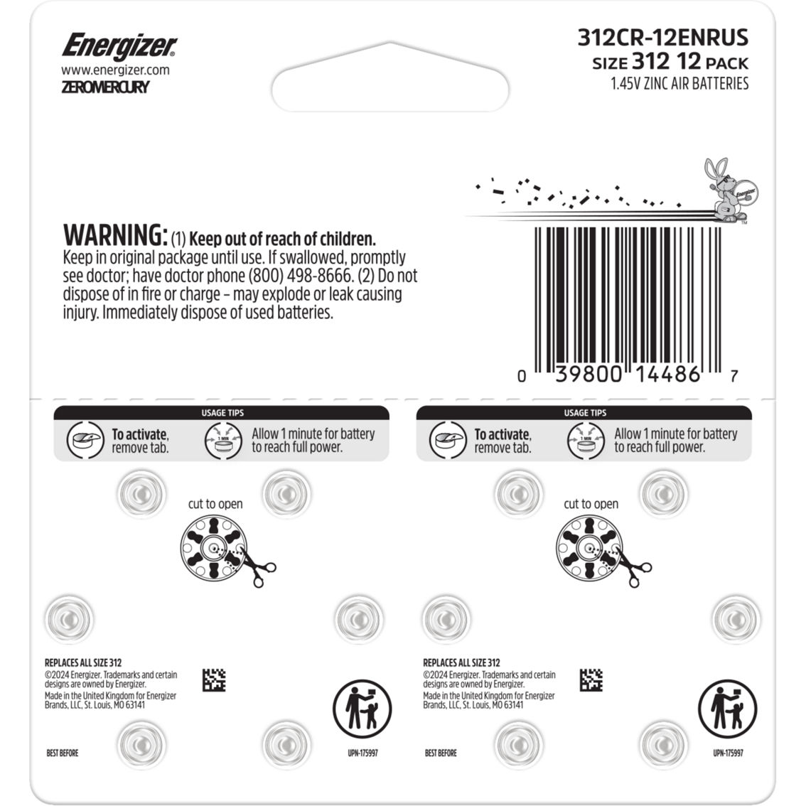 Energizer Hearing Aid Size 312 Zero Mercury Batteries 16 pk. - Image 2 of 2