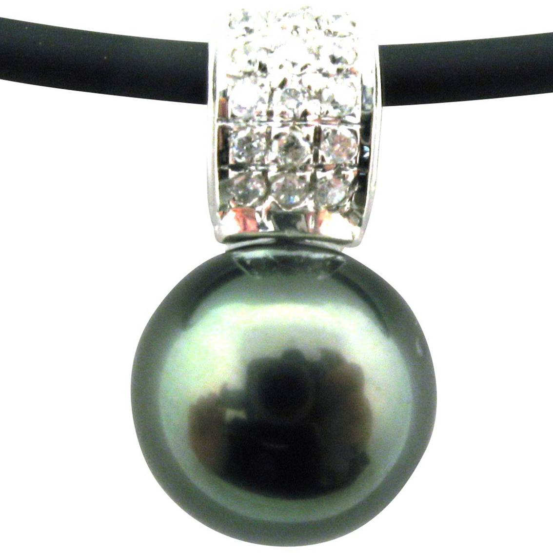 14K White Gold 18 in. Black Tahitian Cultured Pearl Necklace with Diamond Accents