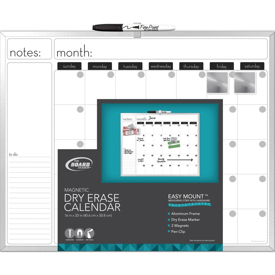 The Board Dudes Magnetic Dry Erase Aluminum Framed Calendar