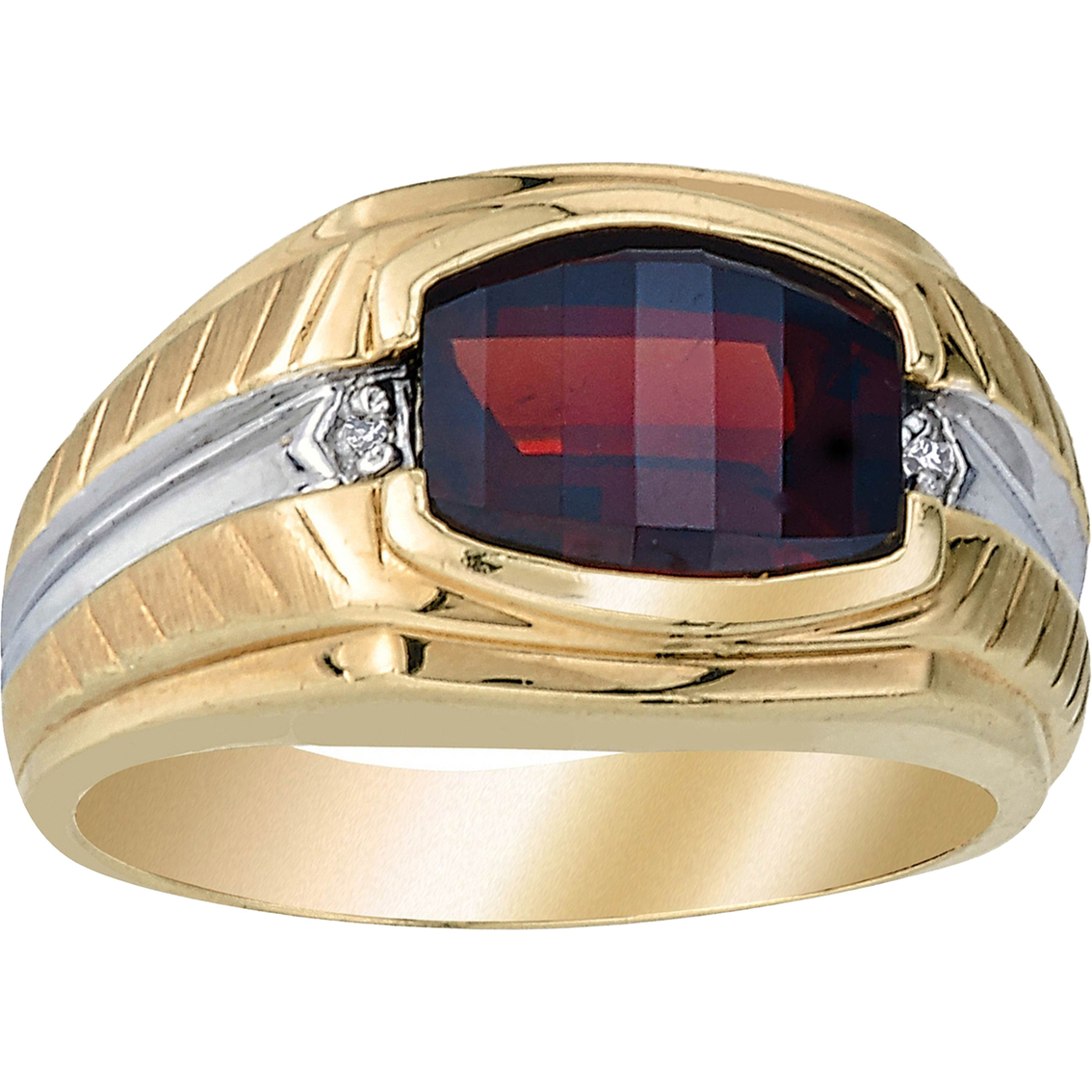 10K Yellow Gold Classic Barrel Cut Garnet and Diamond Accent Ring