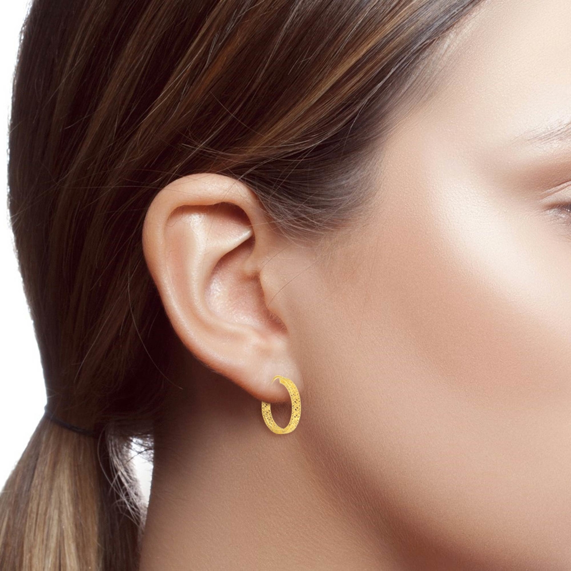 14K Yellow Gold Floral Filigree Texture Hoop Earrings - Image 2 of 2