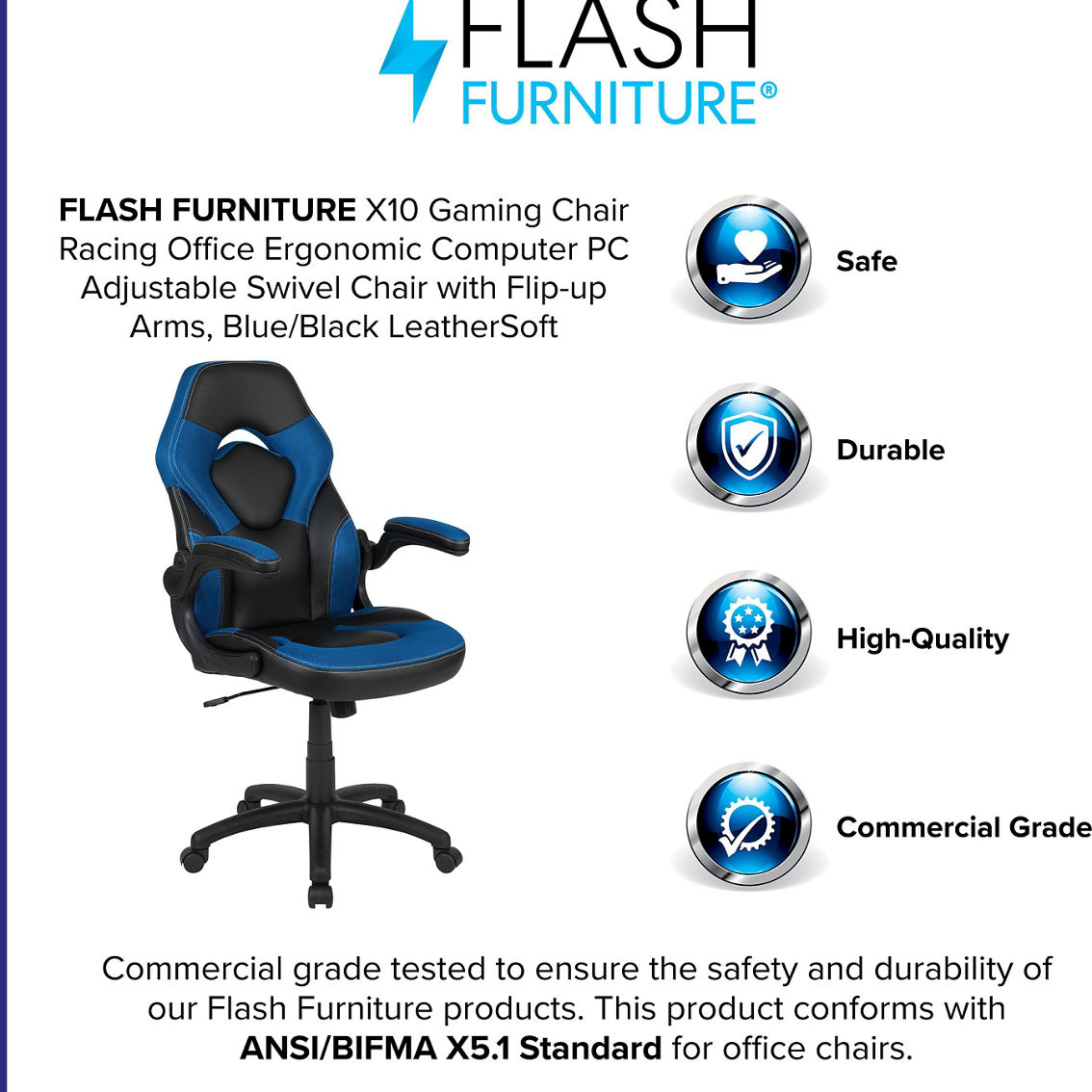 Flash Furniture Racing Ergonomic Gaming Chair with Flip-Up Arms - Image 4 of 5