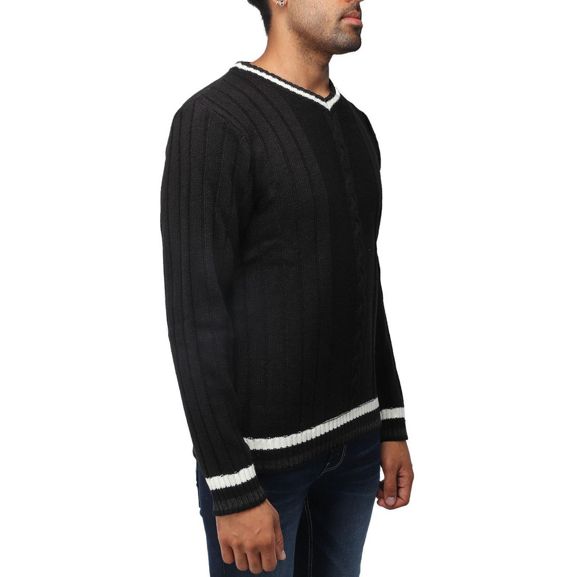 Men's Cable Knit Tipped V-Neck Sweater - Image 3 of 3