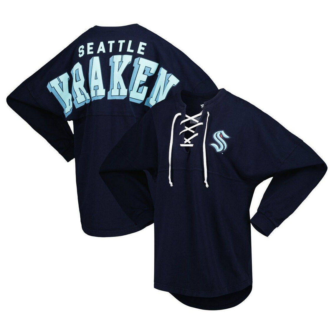 Fanatics Branded Women's Deep Sea Blue Seattle Kraken Spirit Lace-Up V-Neck Long Sleeve Jersey T-Shirt - Image 1 of 4