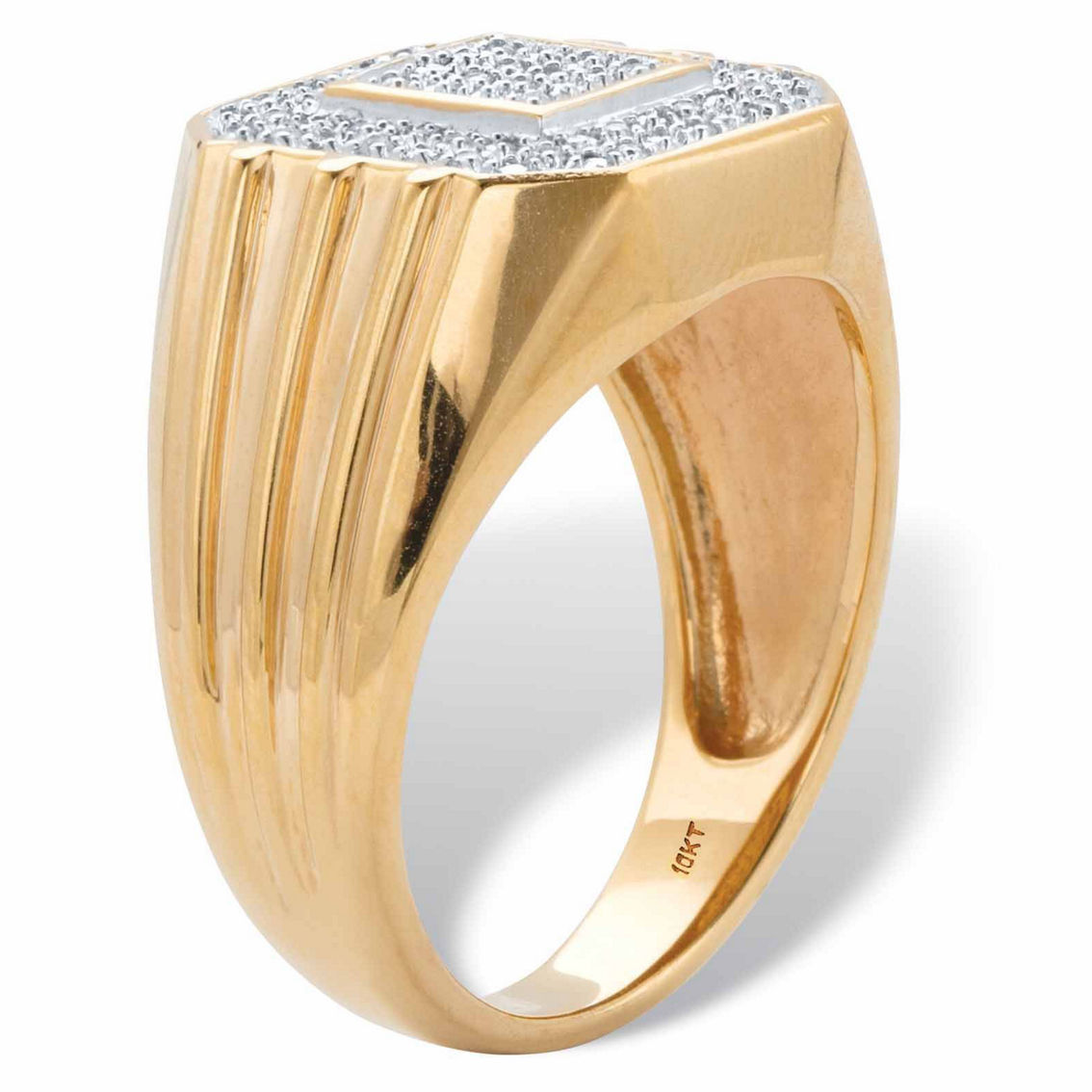 Men's Round Diamond Ribbed Octagon Ring 1/10 TCW in Solid 10k Yellow Gold - Image 2 of 5