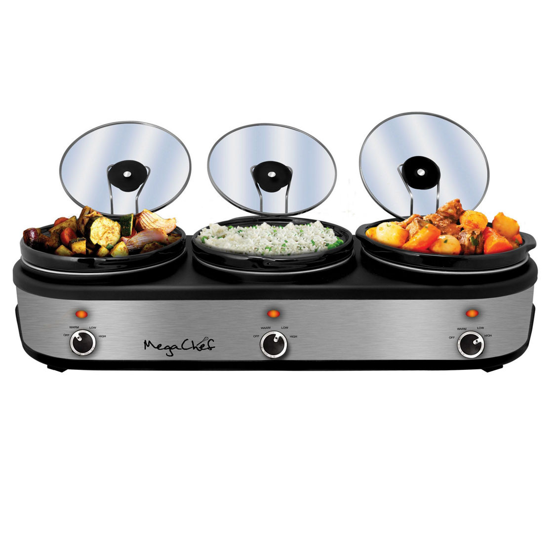MegaChef Triple 2.5 Quart Slow Cooker and Buffet Server in Brushed Silver and Bl