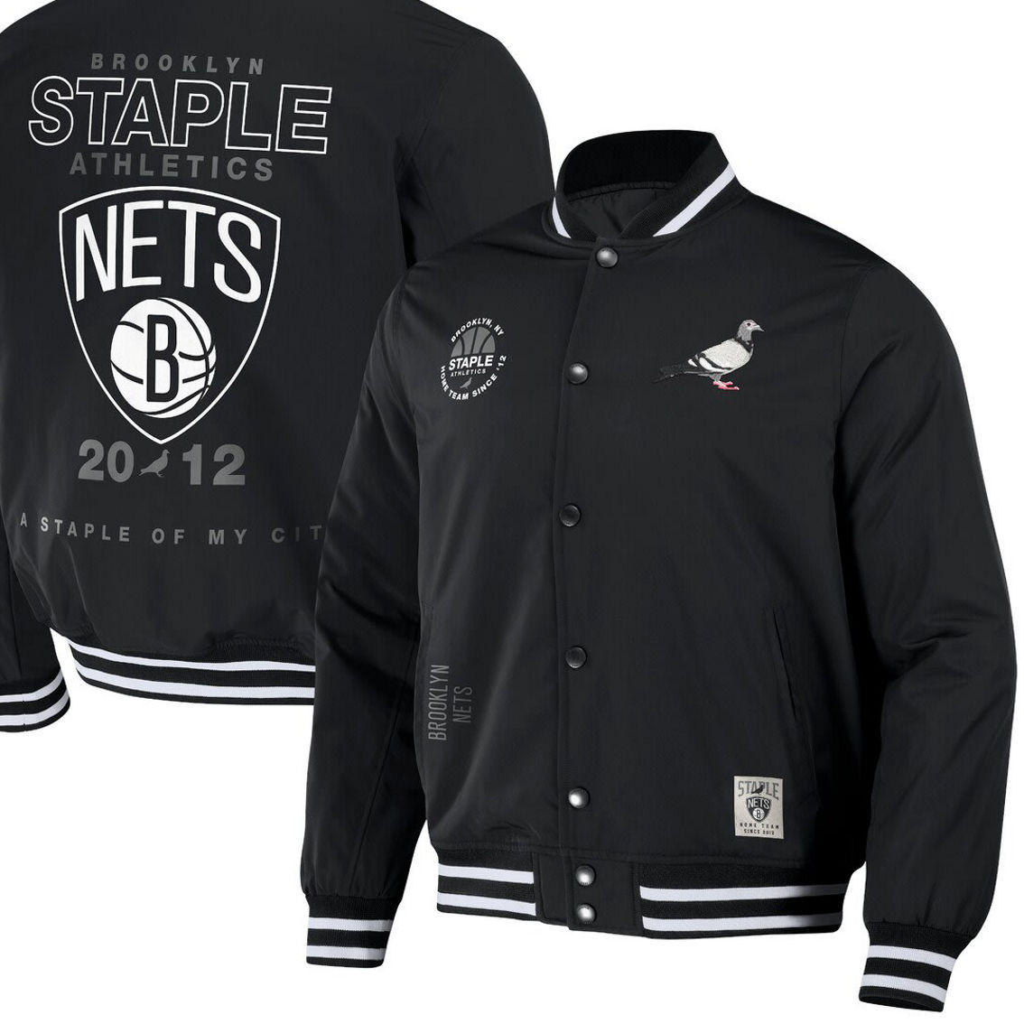 Staple Men's NBA x Black Brooklyn Nets My City Full-Snap Varsity Jacket - Image 2 of 4