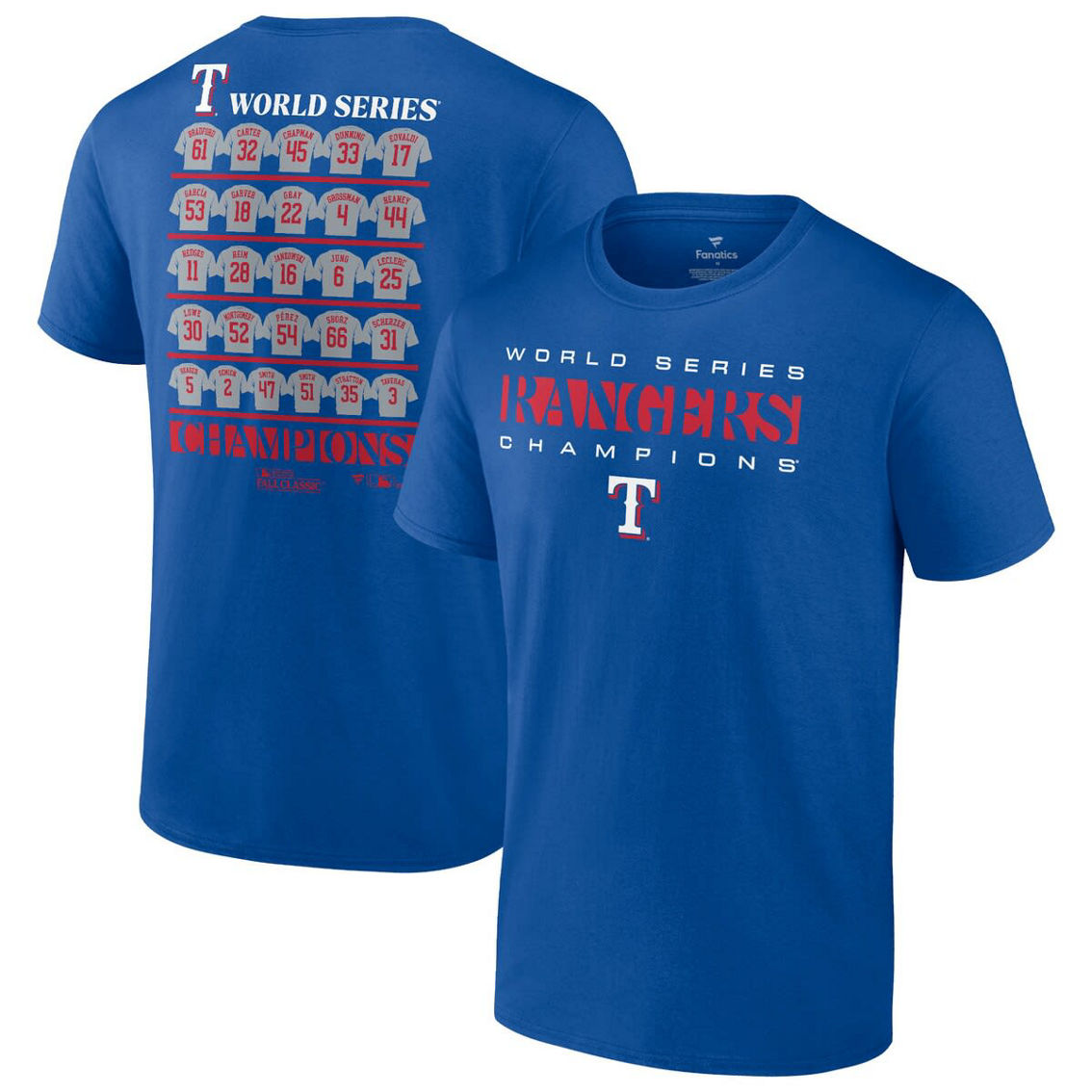 Men's Royal Texas Rangers 2023 World Series Champions Jersey Roster T-Shirt - Image 1 of 4