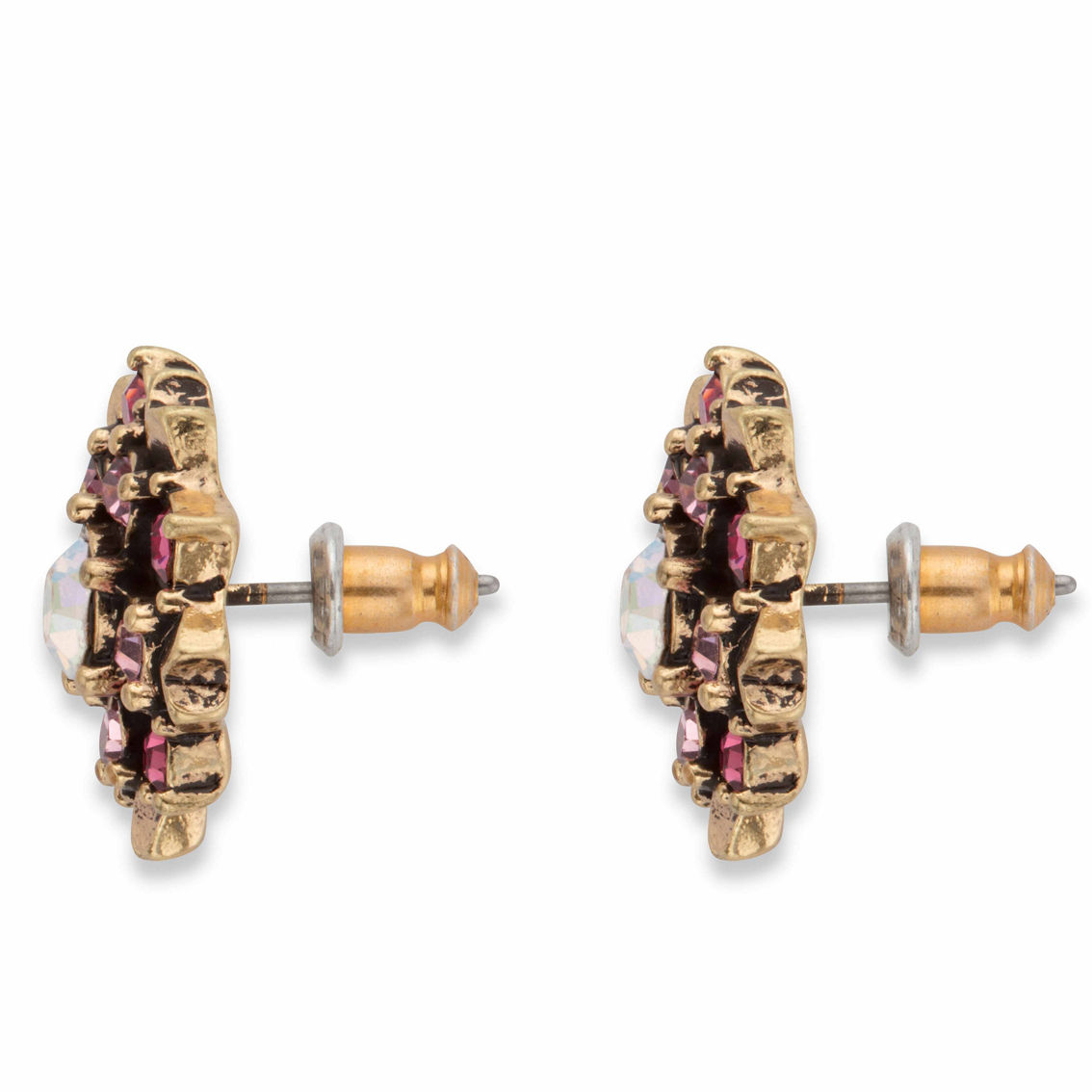 PalmBeach Crystal Antiqued Goldtone Flower Button Earrings - Image 2 of 4