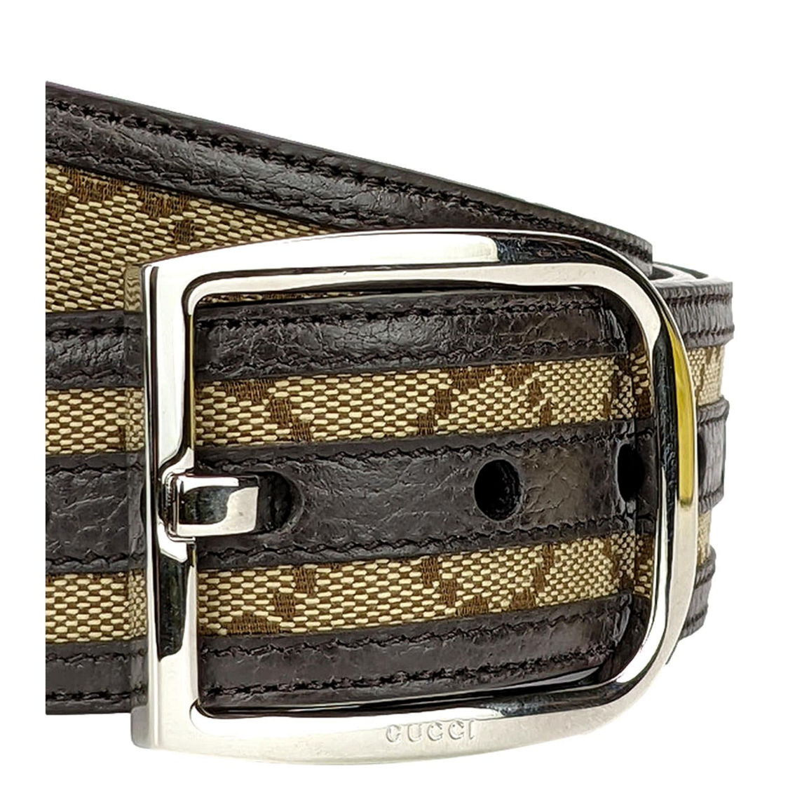 Gucci Mens GG Brown and Beige Size 36/90 Canvas Leather Trim Belt (New) - Image 4 of 5