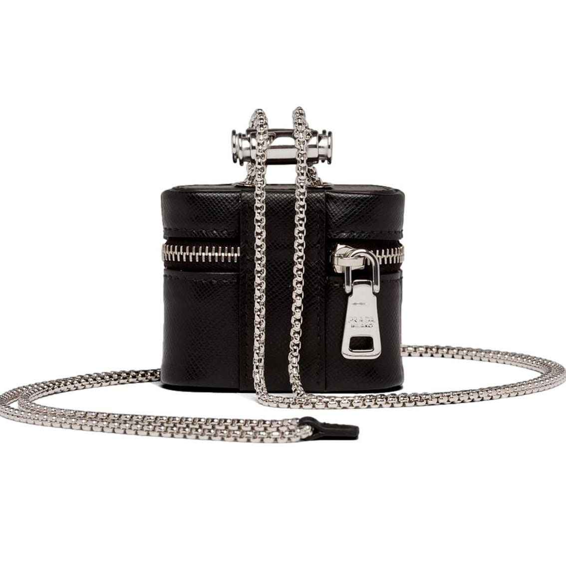 Prada Triangle Saffiano Black Leather Mini Airpods Case with Chain (New) - Image 3 of 4