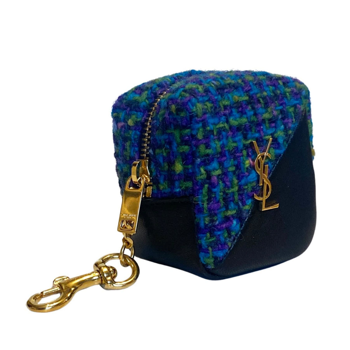 Saint Laurent Jamie YSL Keyring Cube Blue Tweed Black Leather (New) - Image 3 of 5