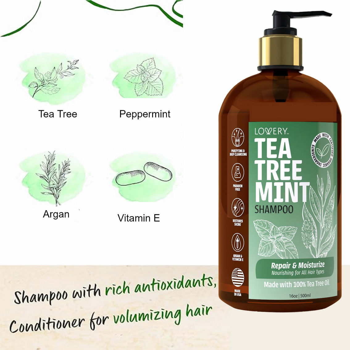 Lovery Tea Tree Mint Shampoo and Conditioner Gift Set, Made in USA, 32 oz. - Image 3 of 5